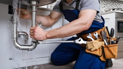 Plumber repairing pipes beneath a sink in Sacramento